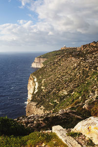 Scenic view of cliff by sea against sky