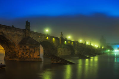 Illuminated bridge over river against sky at night