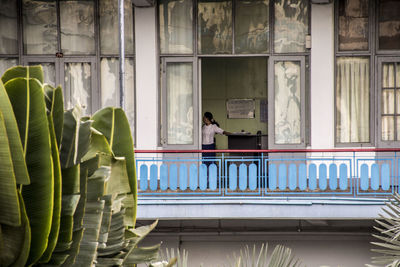 Rear view of woman sitting in glass window