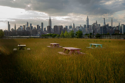 Panoramic view of city buildings against sky