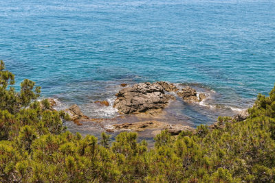 High angle view of rocks by sea