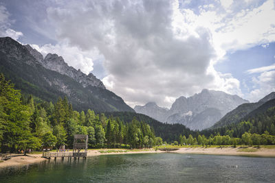 Scenic view of lake and mountains against sky