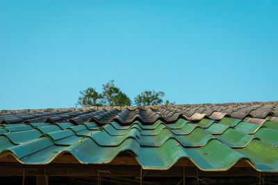 Low angle view of roof and building against clear blue sky