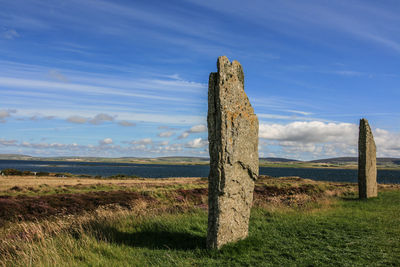 Wooden post on field against sky