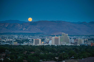 Scenic view of city and mountains against clear sky