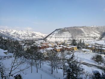 Snow covered landscape against sky