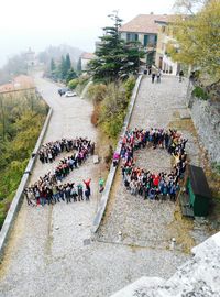 High angle view of people in town square