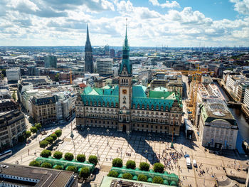 High angle view of buildings in city