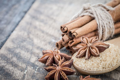 Close-up of spices on wooden table