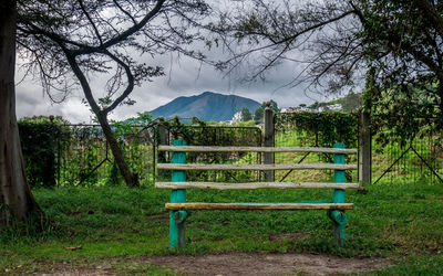 Empty bench on field by trees against sky