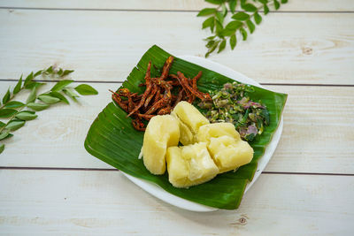High angle view of food in plate on table