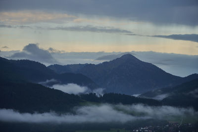 Scenic view of snowcapped mountains against sky during sunset