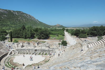 High angle view of historic amphitheater against sky