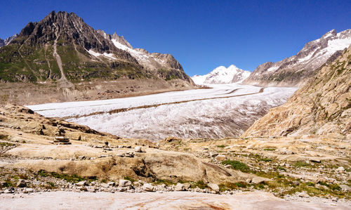 Scenic view of snowcapped mountains against clear blue sky