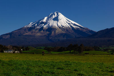 Scenic view of snowcapped mountains against clear sky