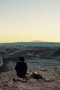 Rear view of woman sitting on shore against clear sky