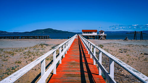 Scenic view of beach against clear blue sky