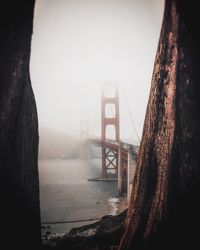 View of suspension bridge in foggy weather