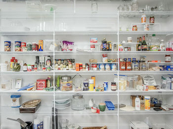 Various products on shelf in pantry