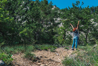 Rear view of person standing in forest