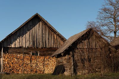 View of wooden house against clear blue sky