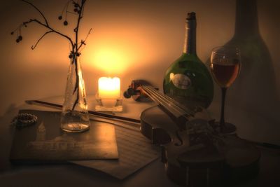 Close-up of wine bottles on table