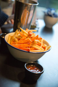 Close-up of soup in bowl on table