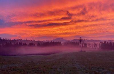 Scenic view of landscape against orange sky during sunset