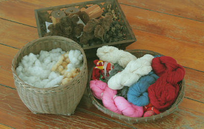 High angle view of eggs in basket on table