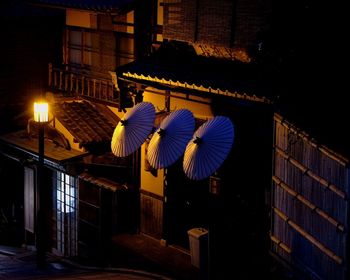 Umbrellas on window at night