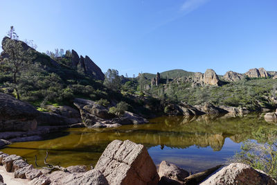 Scenic view of calm river against clear sky