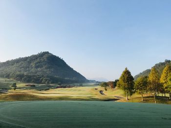 Scenic view of golf course against clear sky