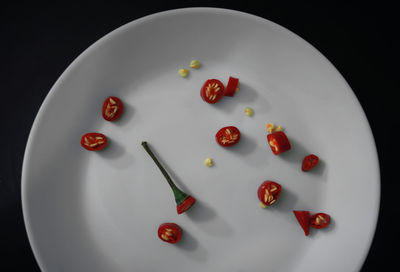 High angle view of fruits in plate on table