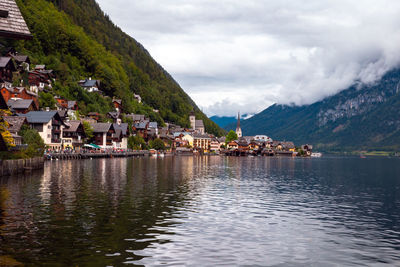 Scenic view of lake by buildings against sky