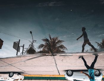 Man standing by palm tree against sky