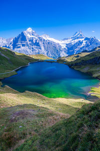 Scenic view of lake and mountains against sky