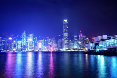 Illuminated buildings in city at night