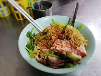 High angle view of food in plate on table