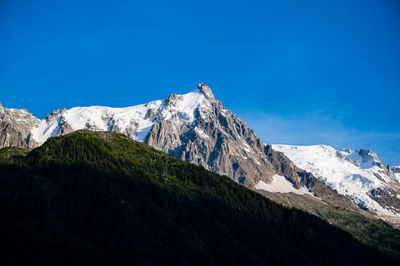 Scenic view of snowcapped mountains against blue sky