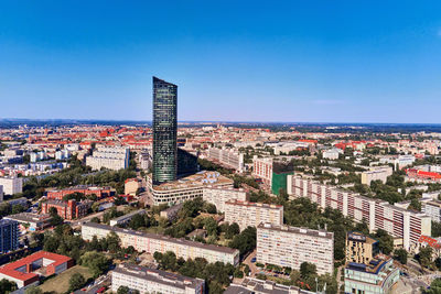 Wroclaw cityscape with sky tower skyscraper, aerial view