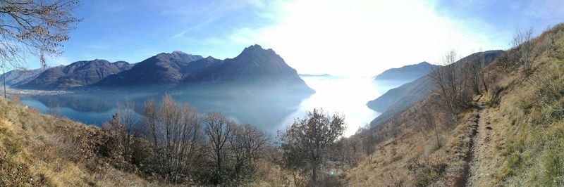 Panoramic view of lake and mountains against sky