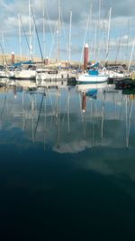 Sailboats moored on lake against sky