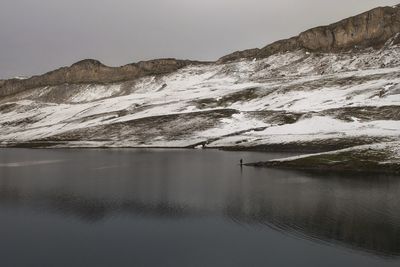 Scenic view of lake and mountains against clear sky