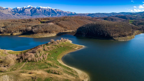 Aerial view of scandarello lake in amatrice, italy. 