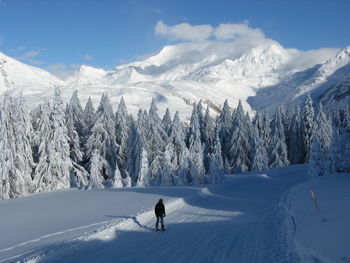 Man skiing on snowcapped mountain against sky