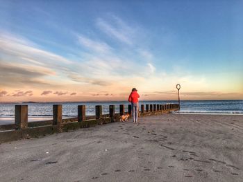 Rear view of man standing on beach against sky