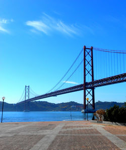 View of suspension bridge against blue sky