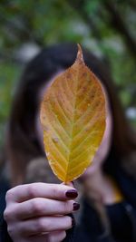 Close-up of woman holding autumn leaf