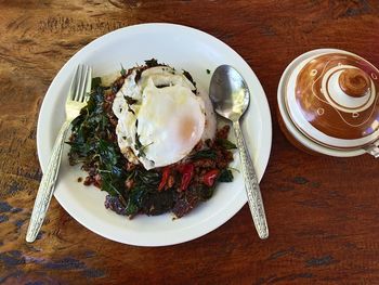 High angle view of breakfast served on table