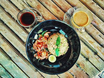 Directly above shot of food on wooden table